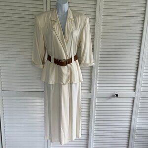Michael Blair Vintage 40's Style Dress W/Peplum & Belt, Ivory, Size 7/8
